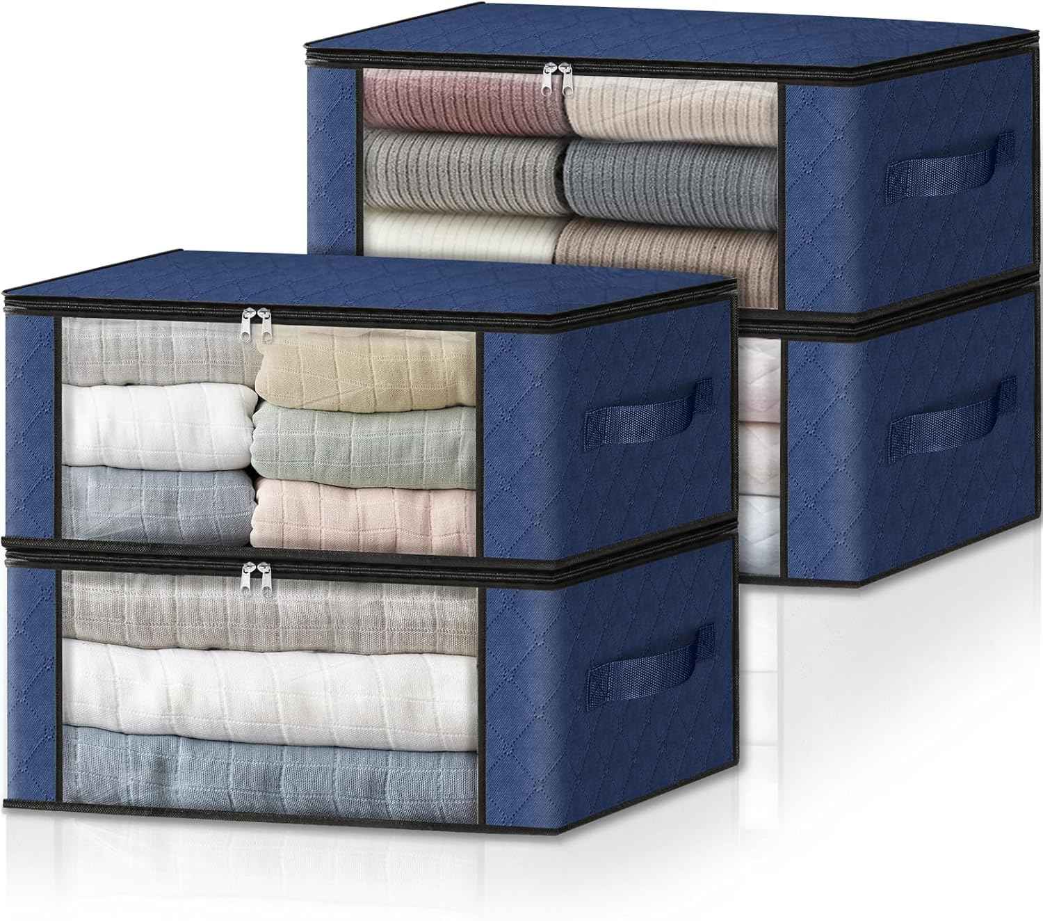 HomeHacks Storage 3-Pack Clothes Organizer Storage Bags Foldable Storage Box with Large Clear Window Sturdy Handles for Closet, Dorm, Pillows, Bedding, Clothes, Blankets, 35L, Gray