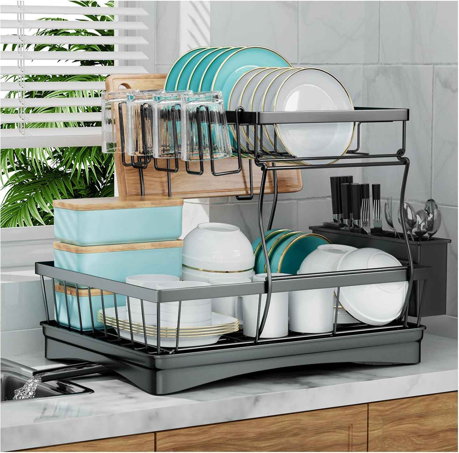 7-Code Large Capacity Dish Drying Rack for Kitchen Counter, Detachable Utensil Holder