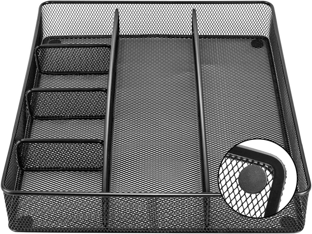 Desk Drawer Organizer - Metal Mesh, Anti-Slip, 6 Compartments, Black