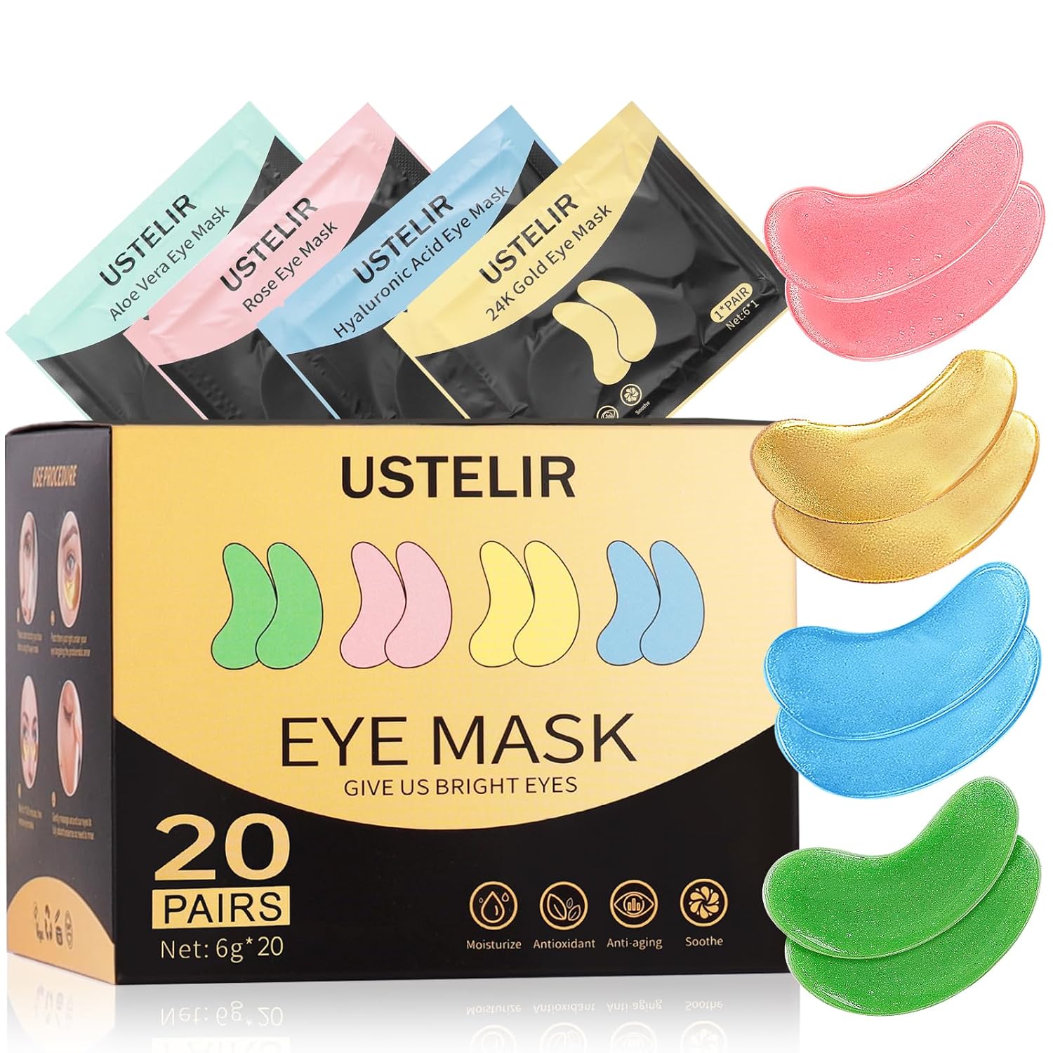 24k Gold Under Eye Patches, 40 Pairs Eye Mask for Dark Circles, Puffy Eyes