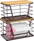 ALOCEO 2 Pack Storage Stackable Kitchen Laundry Organizers with Bamboo Top, Large Trash Bag Holder and Small Garbage Bag Dispenser for Countertop Organization