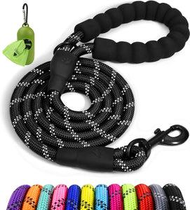 Taglory Rope Dog Leash 6 FT with Comfortable Padded Handle, Highly Reflective Threads Leash and Anti-Tangle Clip for Walking Medium Large Dogs, 1/2 inch, Black