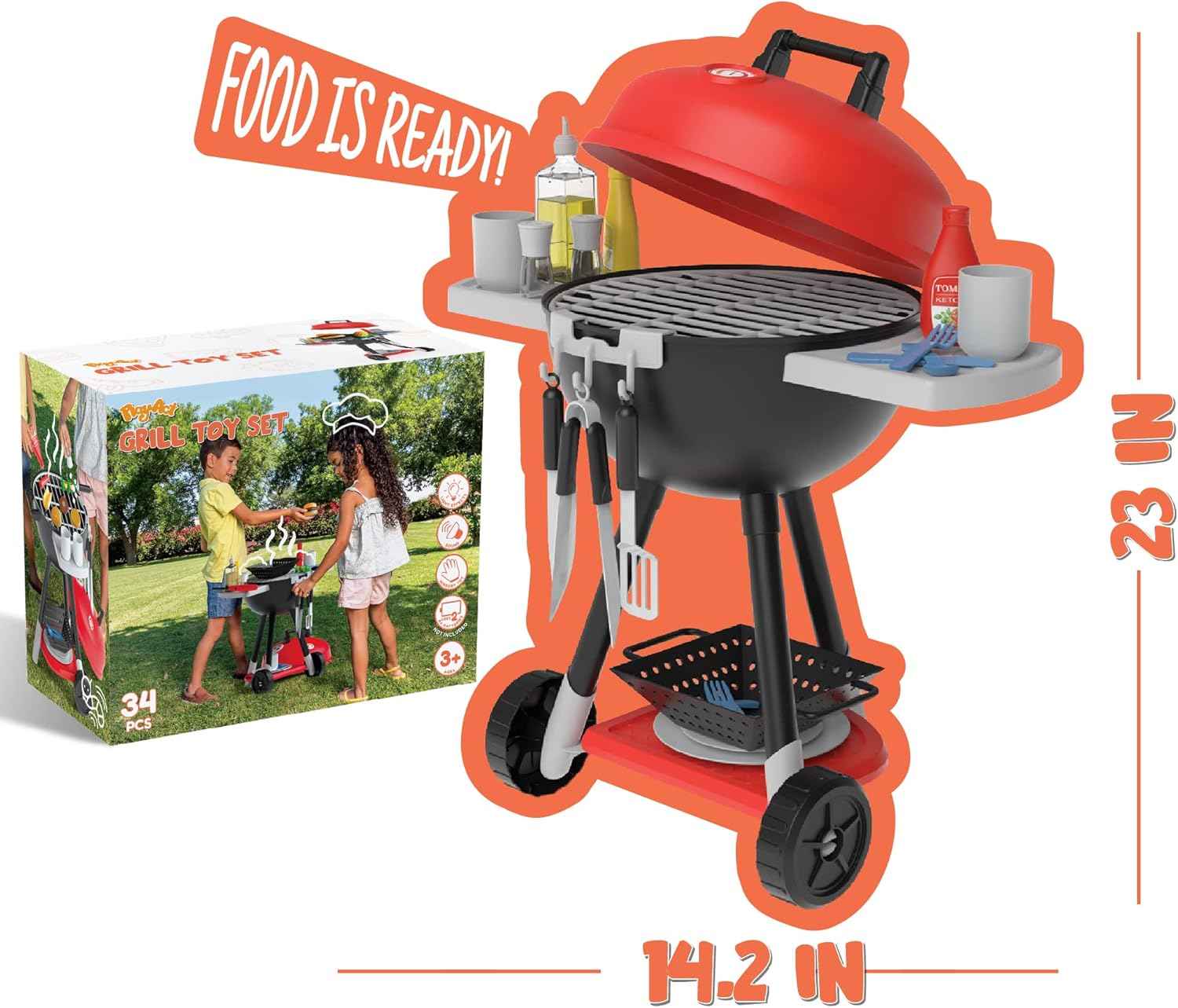 JOYIN 34 PCS Kitchen Toy Set, BBQ Play Grill, Cooking Toy Set, Little Chef Play, Kids Grill Playset Interactive BBQ for Kids with Light & Sound, Christmas Birthday Gift for 2 3 4 Year Old Boys Girls