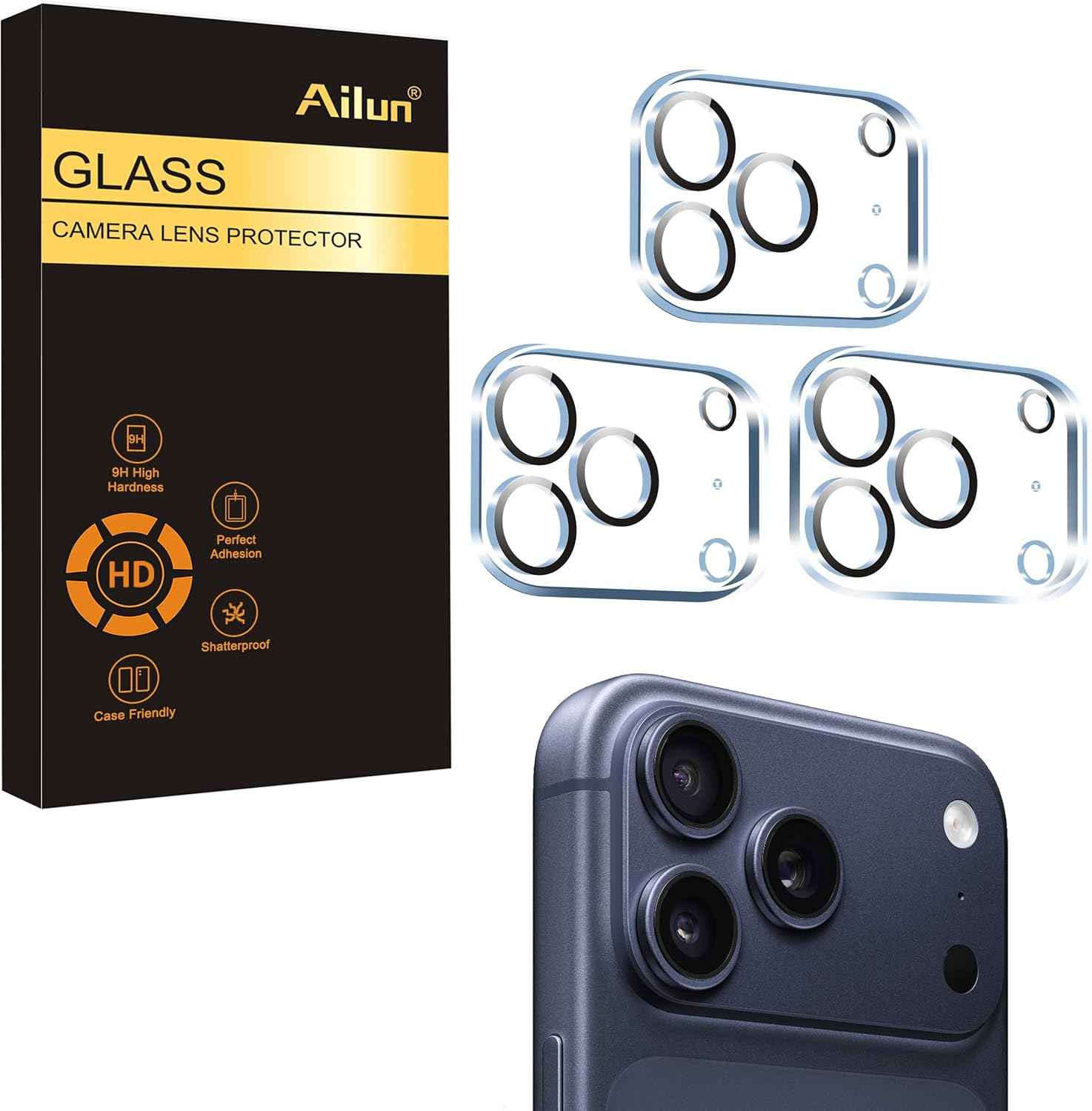 Ailun 3 Pack Camera Lens Protector for iPhone 16 Pro / 14 Pro & iPhone 16 Pro Max / 14 Pro Max,Tempered Glass,9H Hardness,Anti-Scratch,Case Friendly[Does not Affect Night Shots]