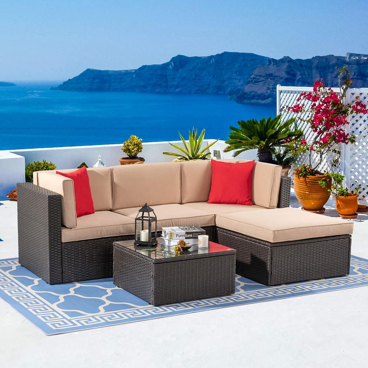 Vongrasig 5 Piece Patio Furniture Sets, Outdoor Patio Set Sectional Sofa, All-Weather PE Rattan Outdoor Couch with Ottoman, Glass Table for Garden, Backyard, Porch, Beige