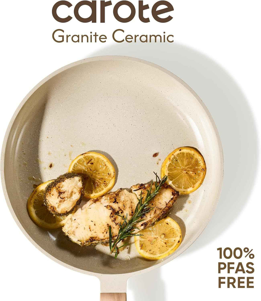 CAROTE 14Pcs Non-stick Ceramic Cookware Set, PFAS and PFOA Free, Kitchen Cooking Essentials
