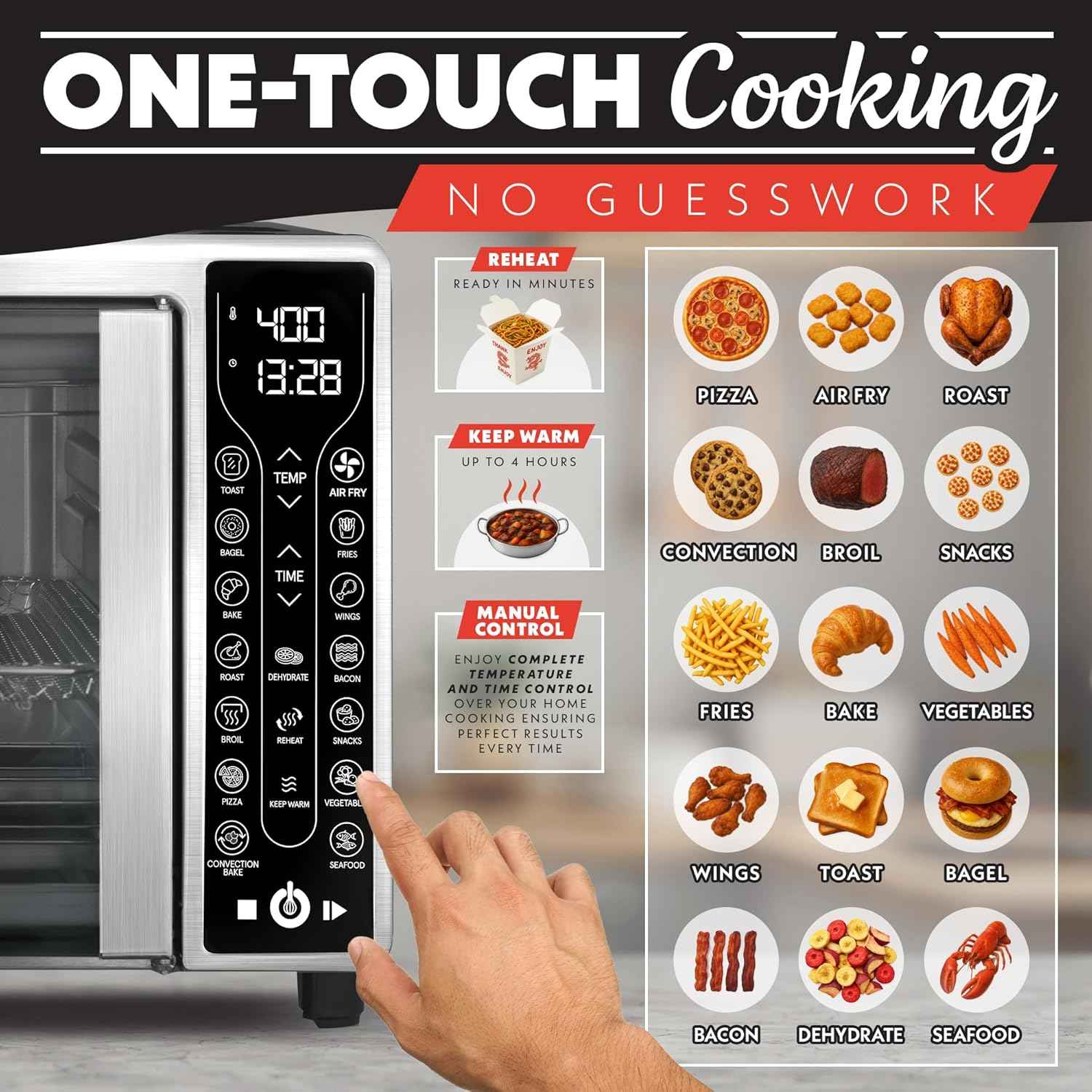 Gourmia French Door Air Fryer – 25 Qt Large Capacity Convection Oven, Fryfroce 360°, Digital Display with 17 Cooking Presets, Bake, Toast, Roast, Dehydrate, Fits 12” Pizza
