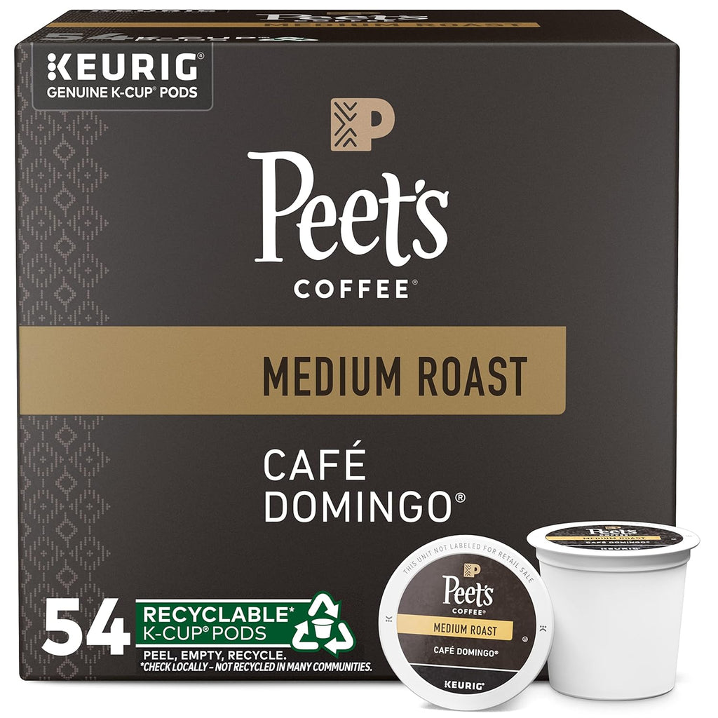 Peet's Café Domingo Medium Roast 100% Arabica Coffee Keurig K-Cup Pods, 54 Count, recyclable, compostable