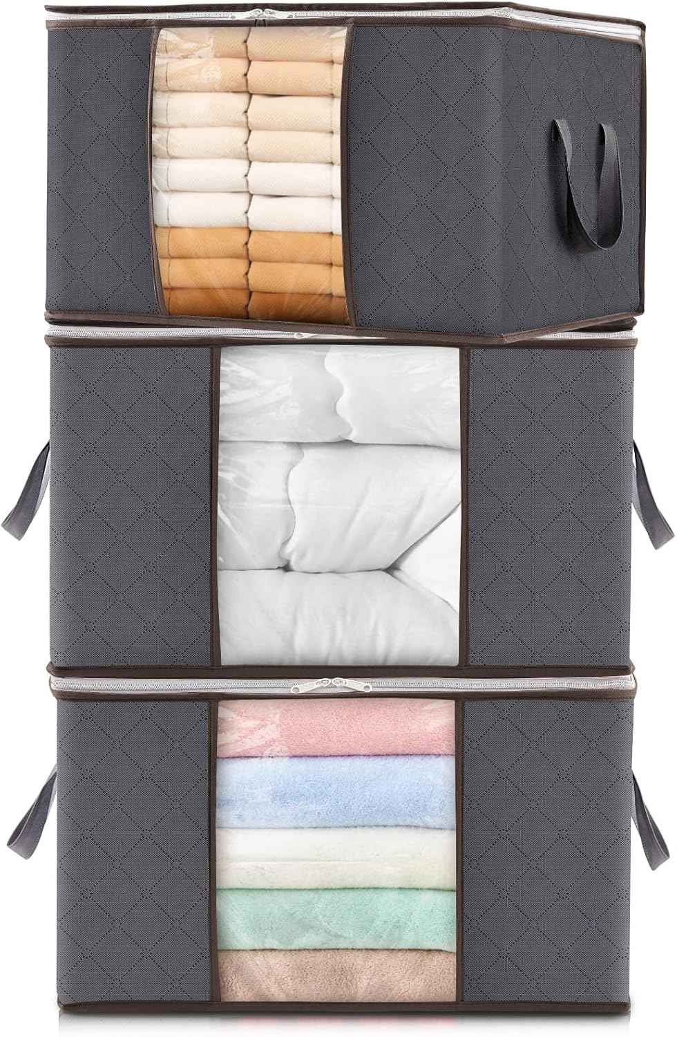 Lifewit 6 Pack Clothes Storage Bins with Lids, Foldable Blanket Storage Bags with Zippers, Clear Window and Reinforced Handles, Closet and Organization for Clothing, Sweater, Comforter, Bedding, Gray