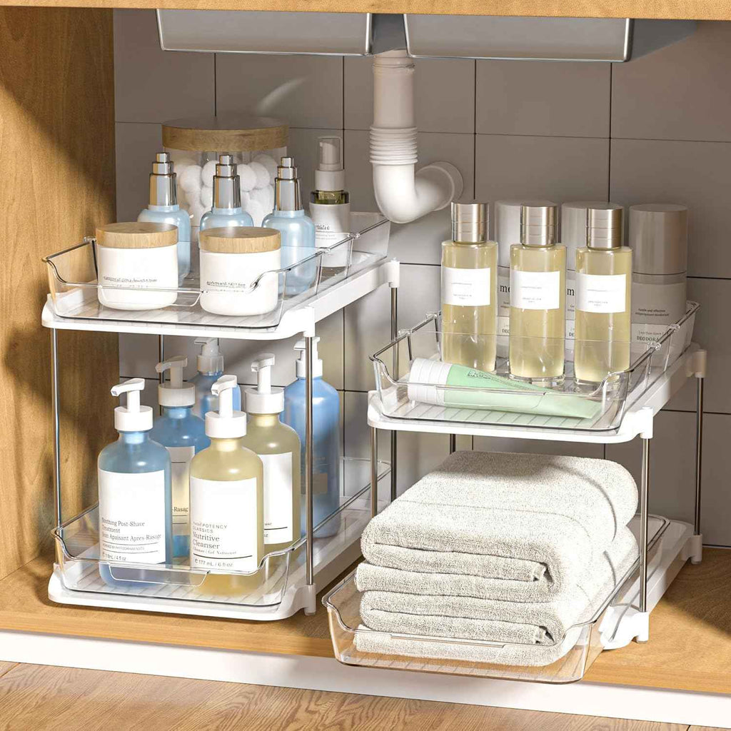 Delamu 2-Tier White Bathroom Under Sink Organizer, Stackable, 2-Pack, Durable, Customizable