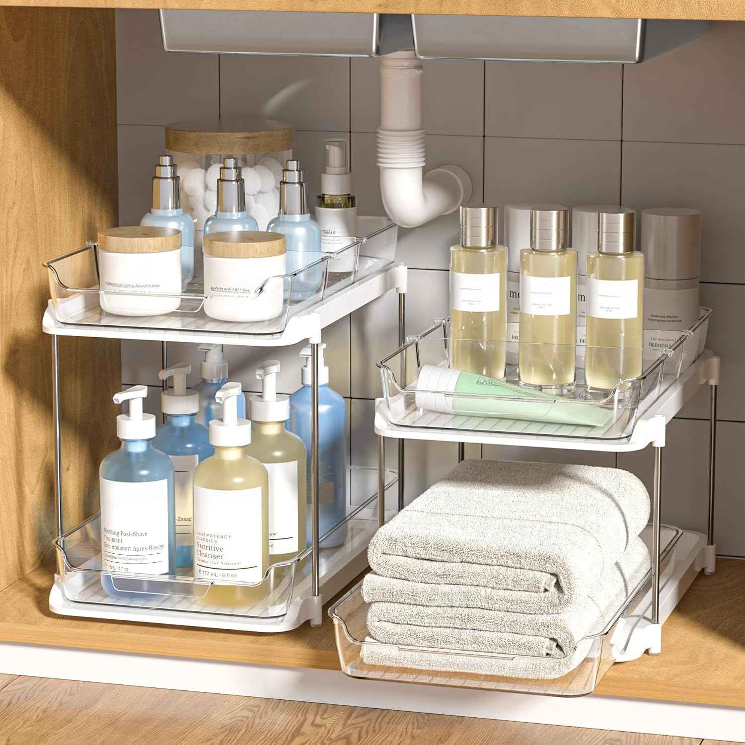 Delamu 2-Tier Bathroom Under Sink Organizer, Stackable Kitchen Pantry Organization, White, 2 Pack