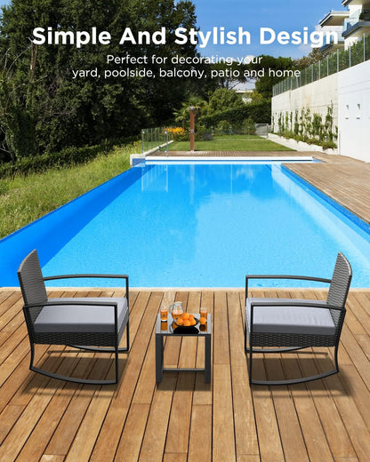 3 Pieces Outdoor Patio Furniture Set Rocking Bistro Set Outdoor Rattan Conversation with Coffee Table for Garden Balcony Backyard Poolside (Grey Cushion)