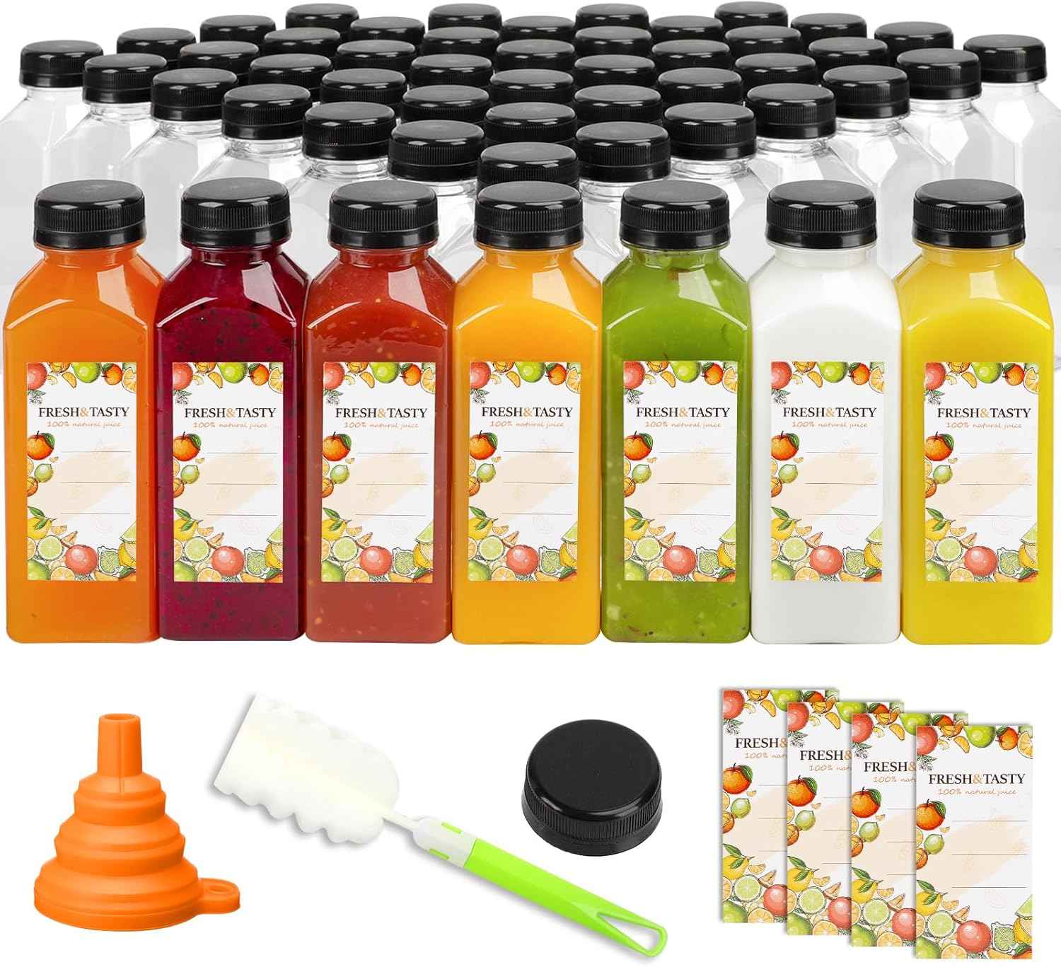 TOMNK 100pcs 16oz Plastic Beverage Containers, Black Caps with Label, Funnel and Brush for Juicing, Smoothies, Tea, Milk