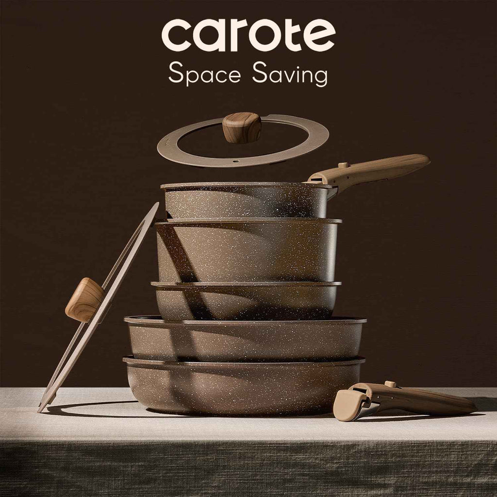 CAROTE 17-Piece Non-Stick Cookware Set, Induction Kitchen Pots and Pans, Oven and Dishwasher Safe, Brown
