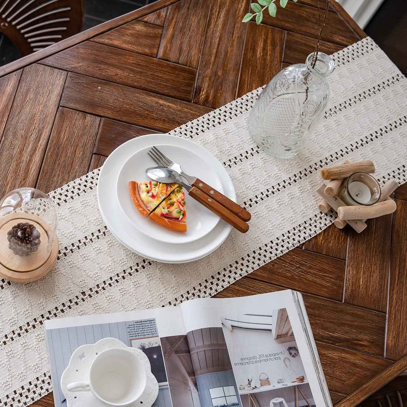 Alynsehom Macrame Hand Woven Cream Beige Boho Table Runner with Tassels 12x71in Cotton Rustic Farmhouse Kitchen Dining