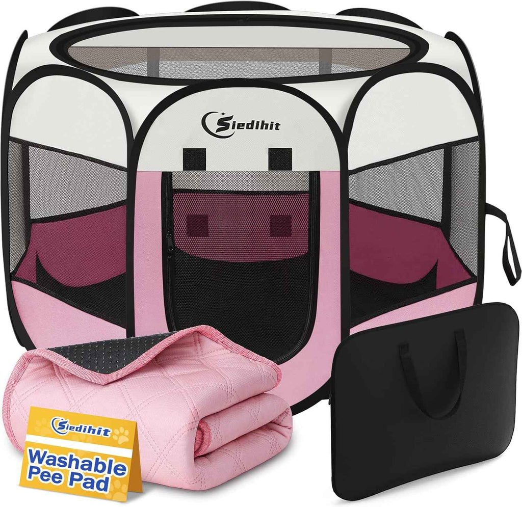 Dog Cat Playpen, Puppy Pet Playpen Indoor for Small Dogs Tent Crates Cage Outdoor, Portable Pop Up Dog Kennel Playpen with Carrying Case for Dogs/Cats/Rabbits, Removable Zipper Top, Grey