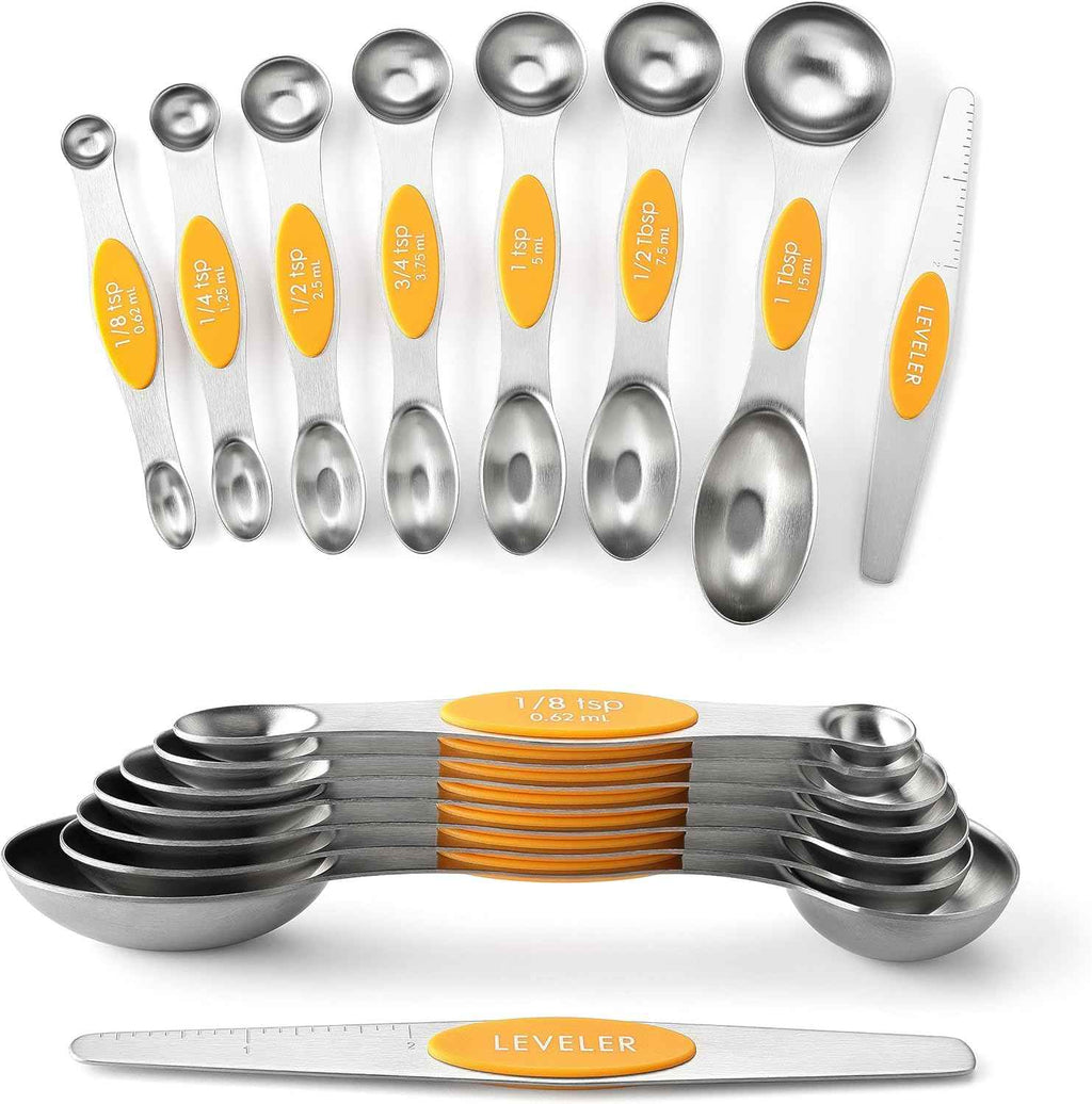 Spring Chef Stainless Steel Magnetic Measuring Spoons Set with Strong N45 Magnets, Heavy Duty Metal Kitchen Gadgets for Baking & Cooking, Fits in Most Kitchen Spice Jars, Set of 8 with Leveler, Black
