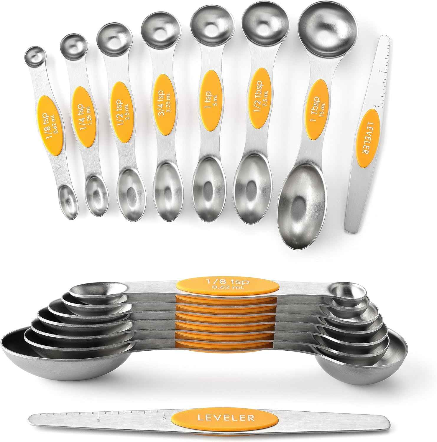 Spring Chef Stainless Steel Magnetic Measuring Spoons Set with Strong N45 Magnets, Heavy Duty Metal Kitchen Gadgets for Baking & Cooking, Fits in Most Kitchen Spice Jars, Set of 8 with Leveler, Black