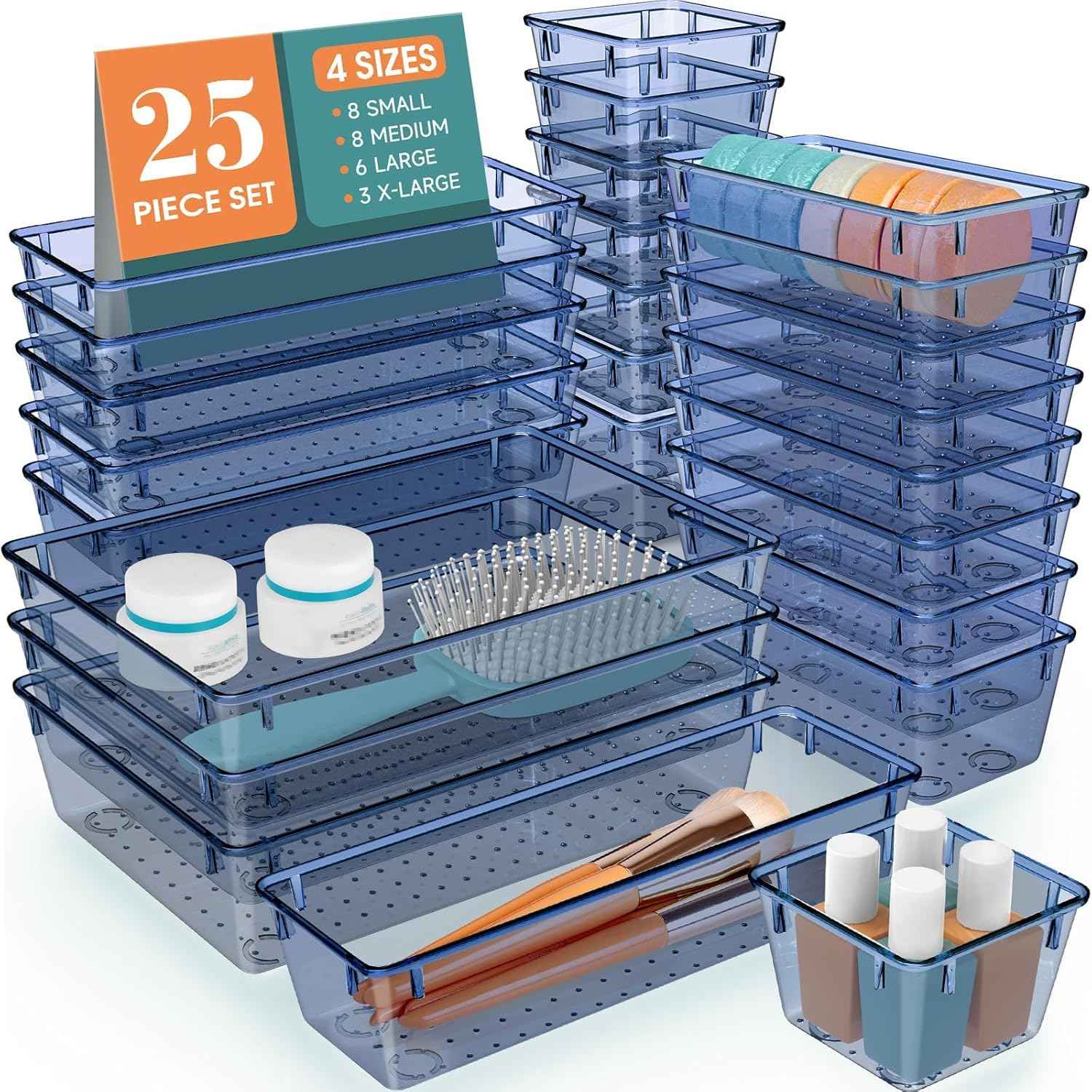 16 PCS Drawer Organizer Set, 5 Varied Size Bathroom and kitchen Drawer cabinet organizer Trays, Clear Storage Bins for Makeup, Jewelry, Utensils and Gadgets