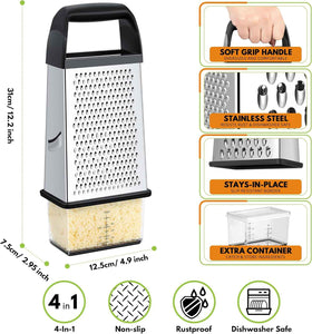 Urbanstrive 18/8 Stainless Steel Cheese Grater with Container Box, Zester, and Dishwasher Safe Kitchen Gadgets