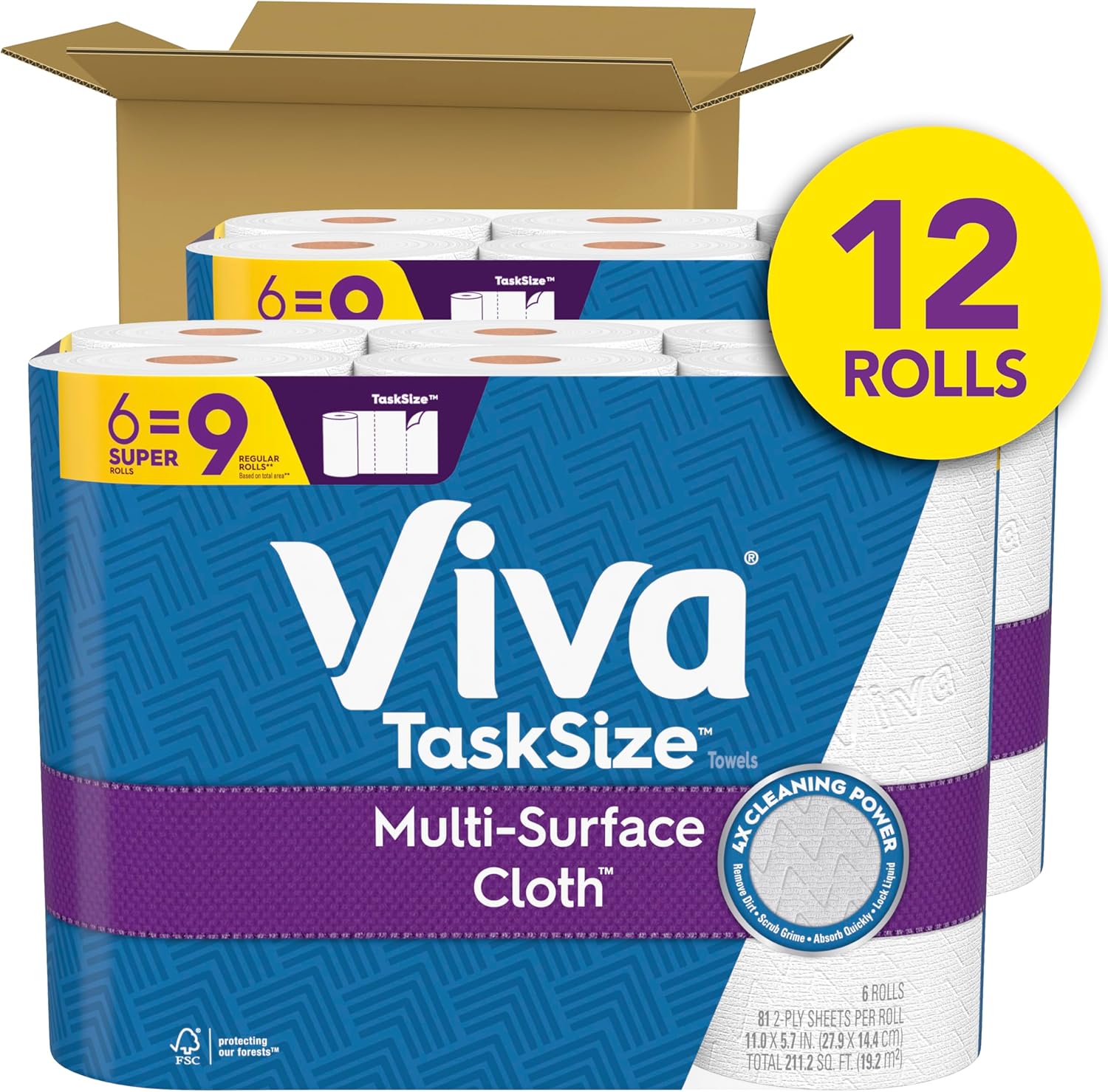 Viva Multi-Surface Cloth Paper Towels, Task Size, 12 Super Rolls (2 Packs of 6), 81 Sheets Per Roll for Kitchen and Bathroom Cleaning