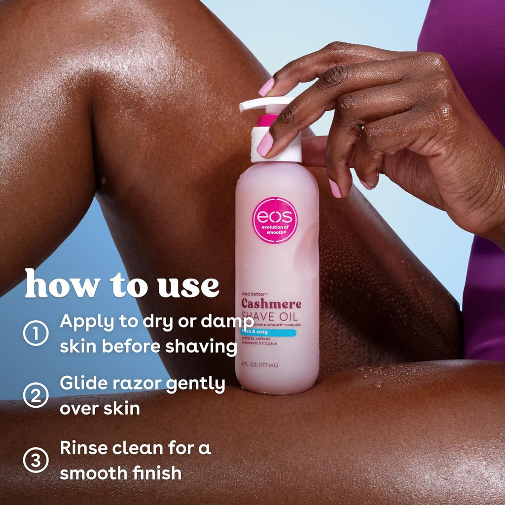 eos cashmere shave oil, 6 fl oz, shea butter, glycerin, vegan, fresh & cozy, razor burn prevention