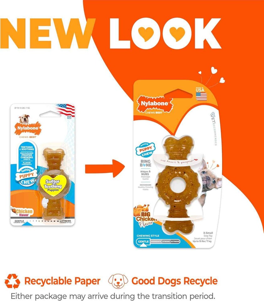 Nylabone Ring Bone Chicken Flavor Puppy Chew Toy for X-Small Dogs Up to 15 lbs