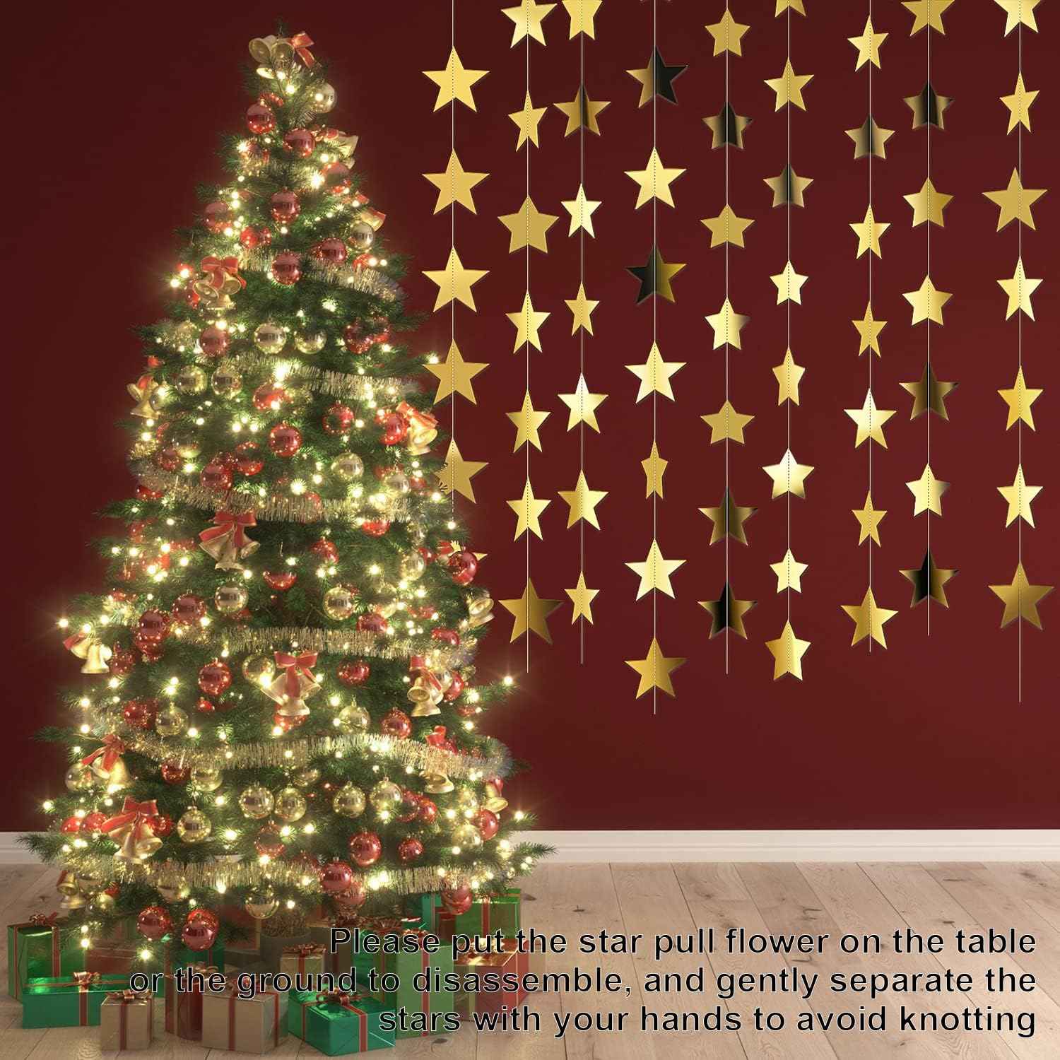 Patelai Glitter Star Garland Banner Christmas Decor 130 Feet Star Hanging Bunting Banner Twinkle Backdrop for Homecoming Classroom Wedding Birthday Halloween Party Supplies(Gold)