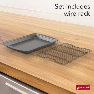 GoodCook 15” x 10.5” Nonstick Carbon Steel Baking Pan & Raised Wire Rack – Pizza Crisper, Crispy Bacon, MultiPLrpose Cooking Sheet Pan, Cooling Rack, Kitchen Cookware Set, Dishwasher Safe