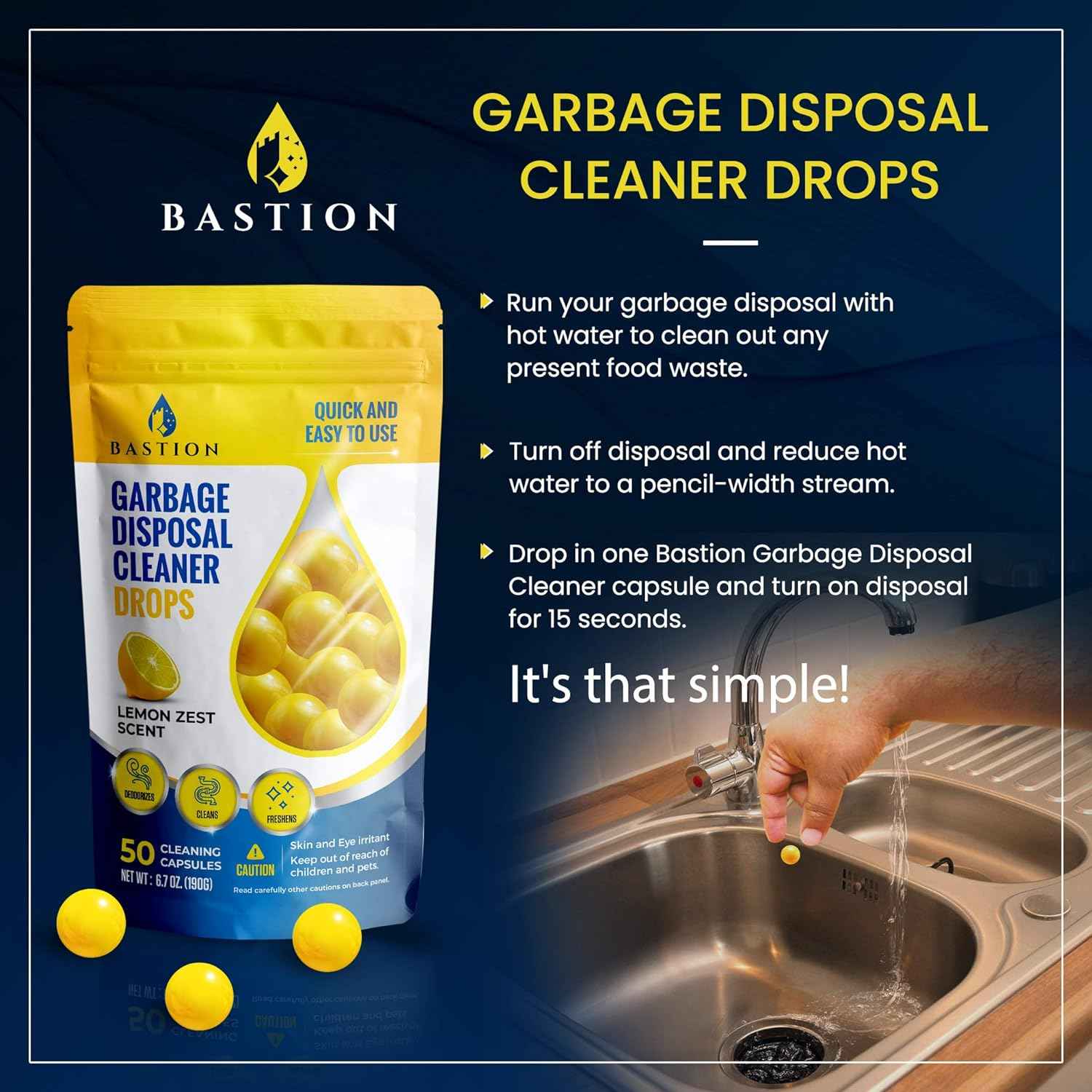 Bastion lemon zest scented 50-count garbage disposal cleaner drops & deodorizer pods for kitchen sink