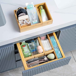 Fabsome bamboo wood set of 9 drawer organizer for kitchen, makeup, desk, and bathroom storage