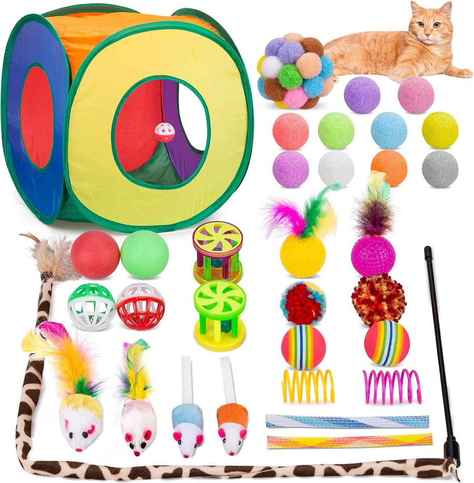 retro shaw cat toys pack, 33pc interactive kitten toys for indoor cats with collapsible play tunnel and feather wand