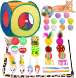 retro shaw cat toys pack, 33pc interactive kitten toys for indoor cats with collapsible play tunnel and feather wand