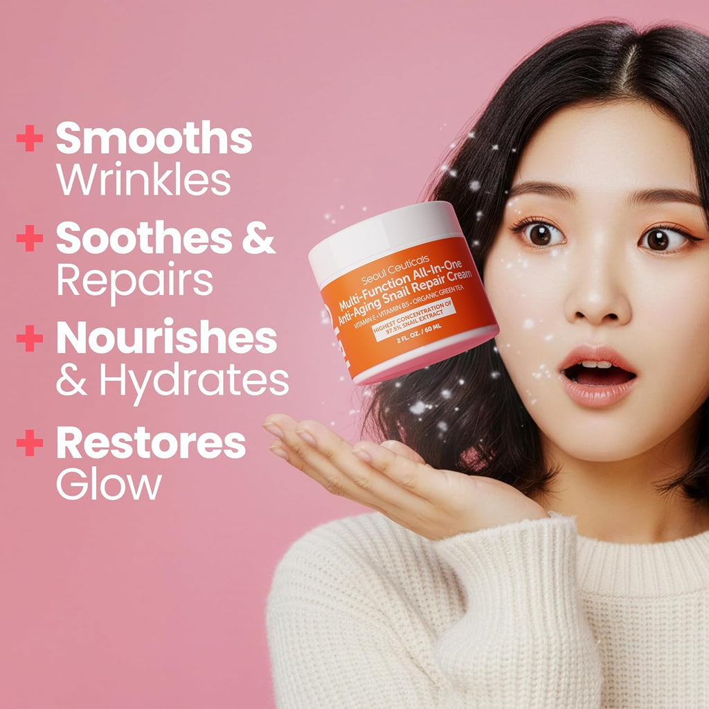 SeoulCeuticals 97.5% snail mucin moisturizer cream, cruelty free, K beauty skincare day and night repair cream, 2 oz