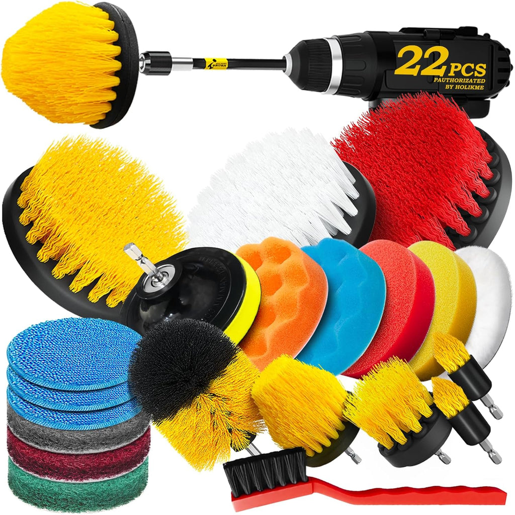 Holikme 22-piece drill cleaning attachment set, car polishing pad kit, wax applicator pad, and cleaning supplies