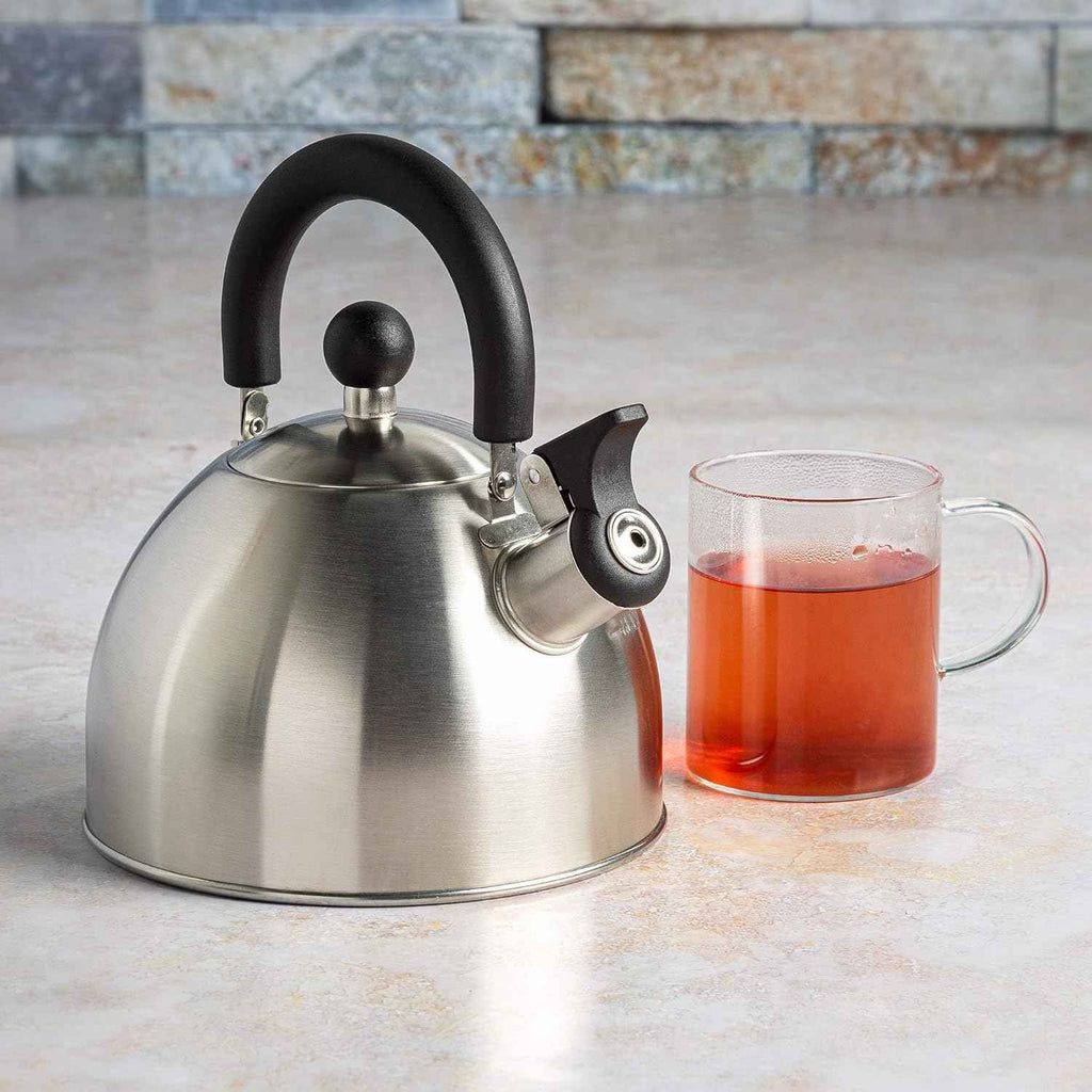 Primula Stewart Whistling Stovetop Tea Kettle, 1.5-Quart, Food Grade Stainless Steel, Hot Water Fast, Cool Touch Folding Handle, Black