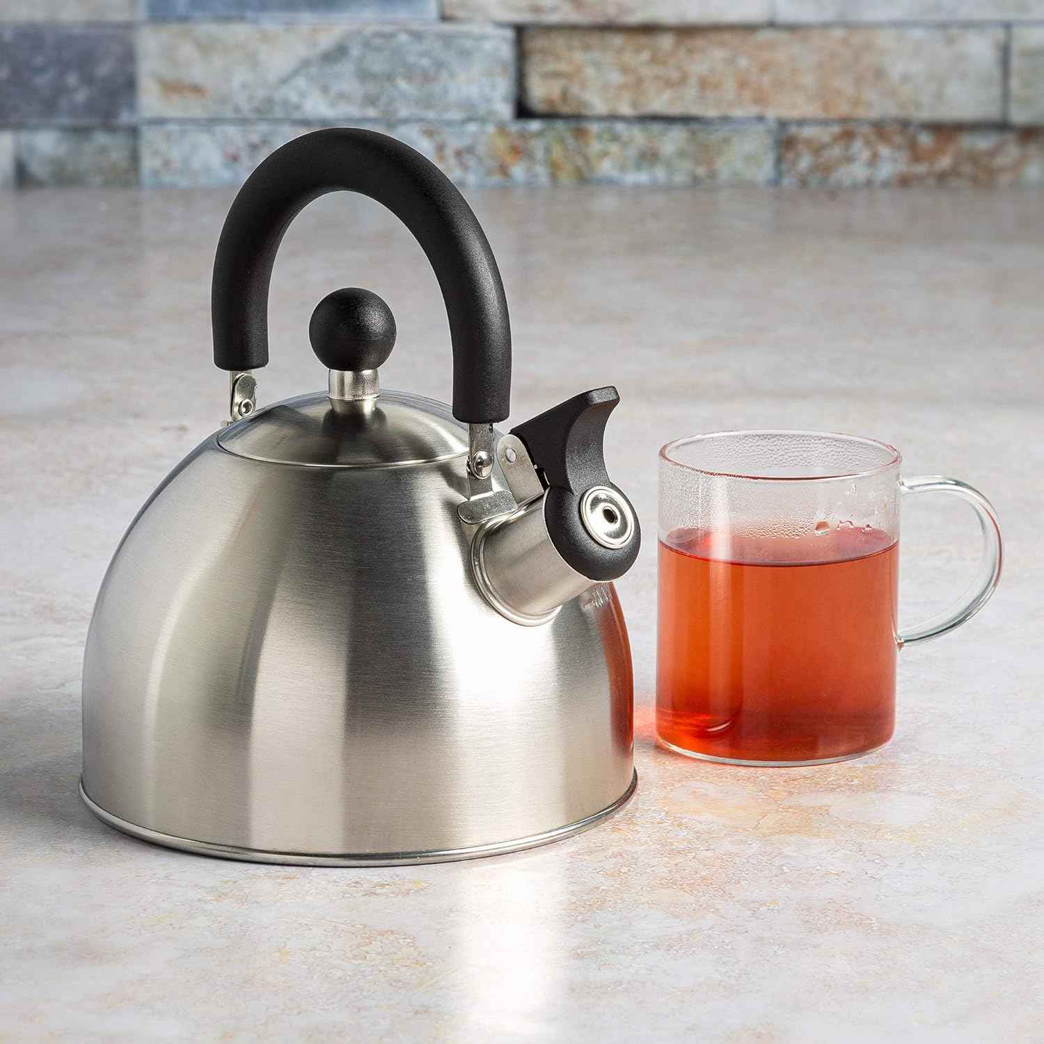 Primula Stewart Whistling Stovetop Tea Kettle, 1.5-Quart, Food Grade Stainless Steel, Hot Water Fast, Cool Touch Folding Handle, Black