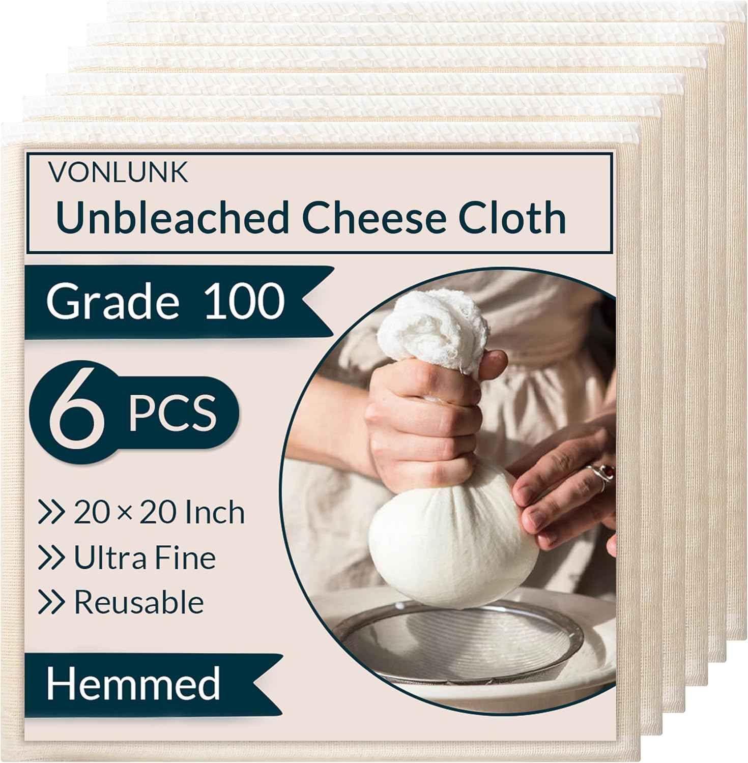 6-Pack Unbleached Cotton Cheesecloth Strainers for Cooking, Baking, and Cheese Making - 20x20 Inch Hemmed Grade 100 Cheesecloth