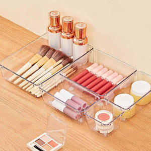 smartake 13-piece clear drawer organizers with non-slip silicone pads, 5-size desk bathroom organizer trays for makeup, jewelries, utensils storage in bedroom dresser, office and kitchen