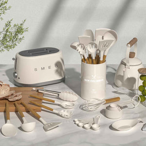 Umite Chef 33 Pcs Non-Stick Silicone Cooking Utensils Set with Holder, Wooden Handle, Silicone Kitchen Gadgets Utensil Set