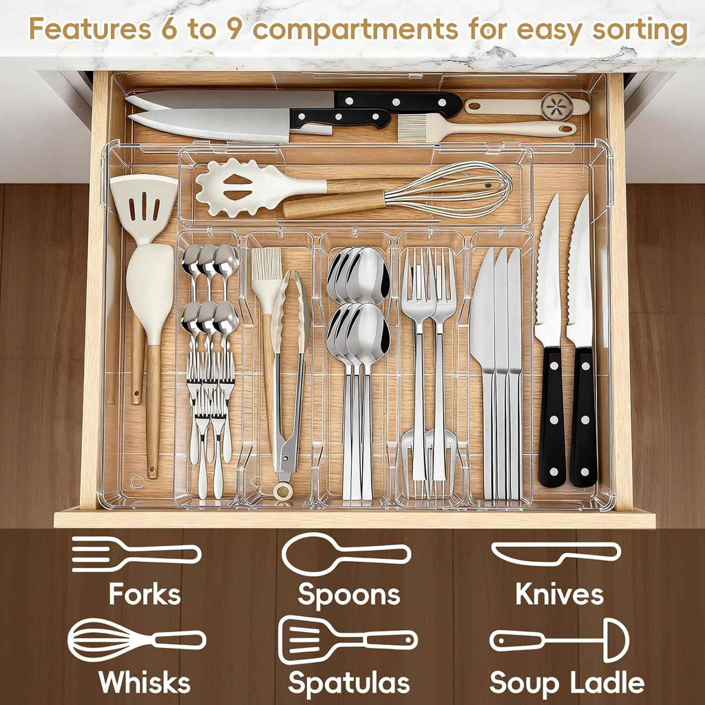 Silverware Organizer, Clear Utensil Drawer Tray with Adjustable Compartments for Spoons, Forks, Knives
