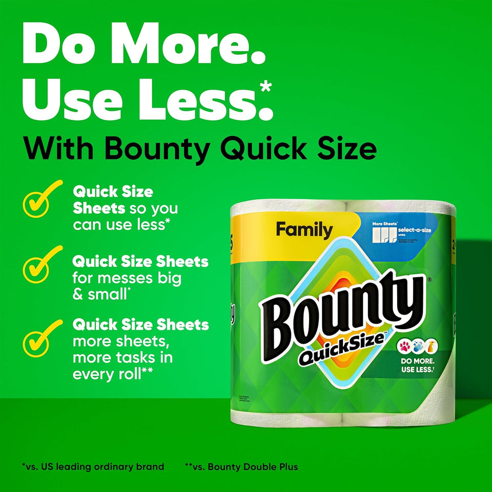 Bounty Quick Size Paper Towels, White, 8 Family Rolls, Fast Absorption and Convenient Everyday Cleanup