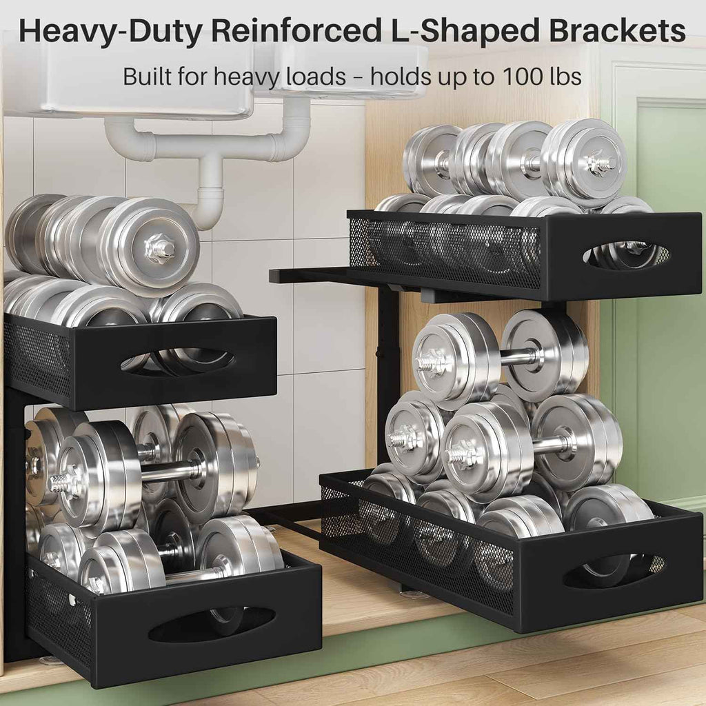 stainless steel under sink organizer with 2 tier pull out cabinet basket mesh sliding drawers