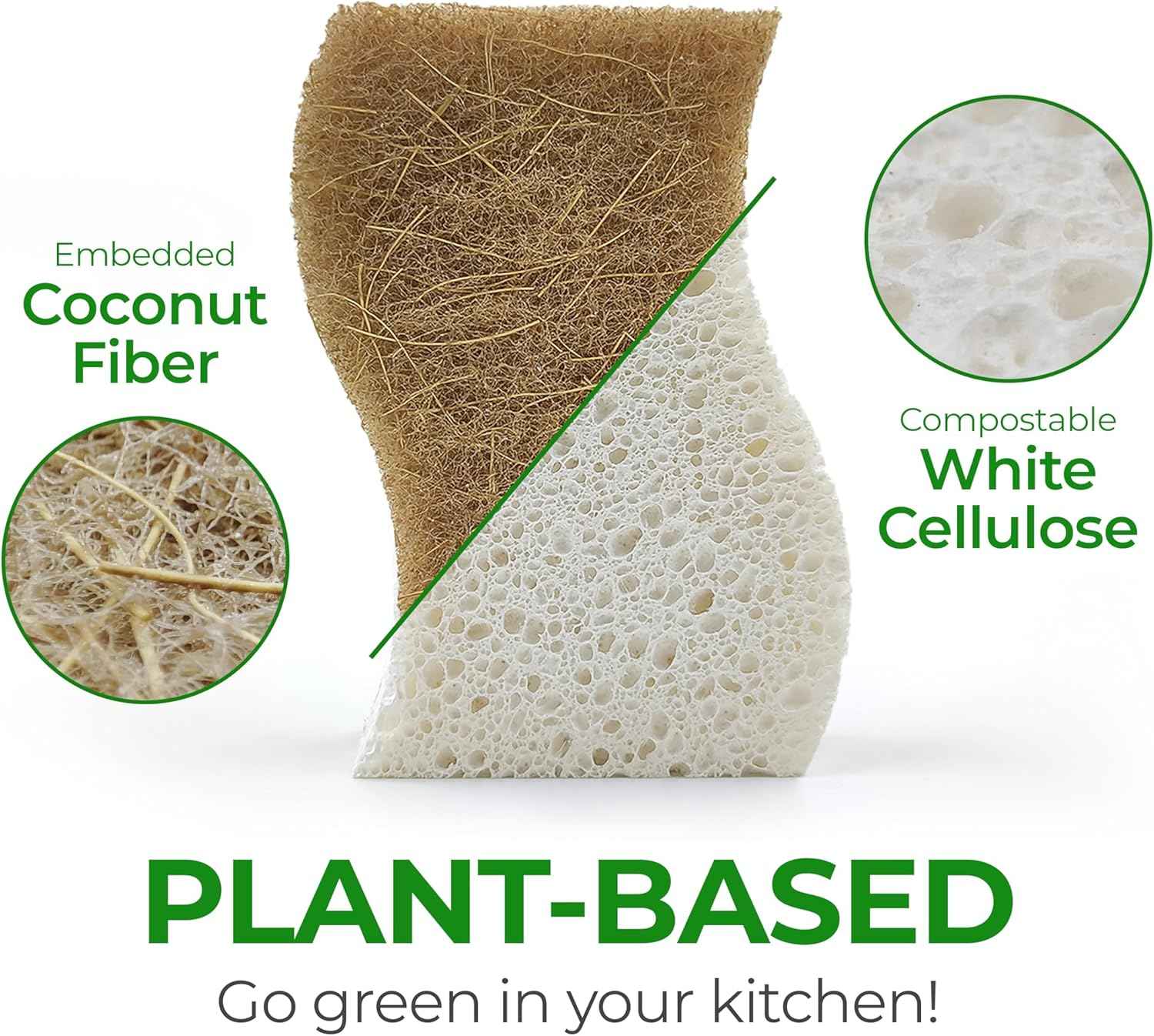 Natural Biodegradable Kitchen Sponge, 12 Pack, Compostable Cellulose and Coconut Walnut Scrubber