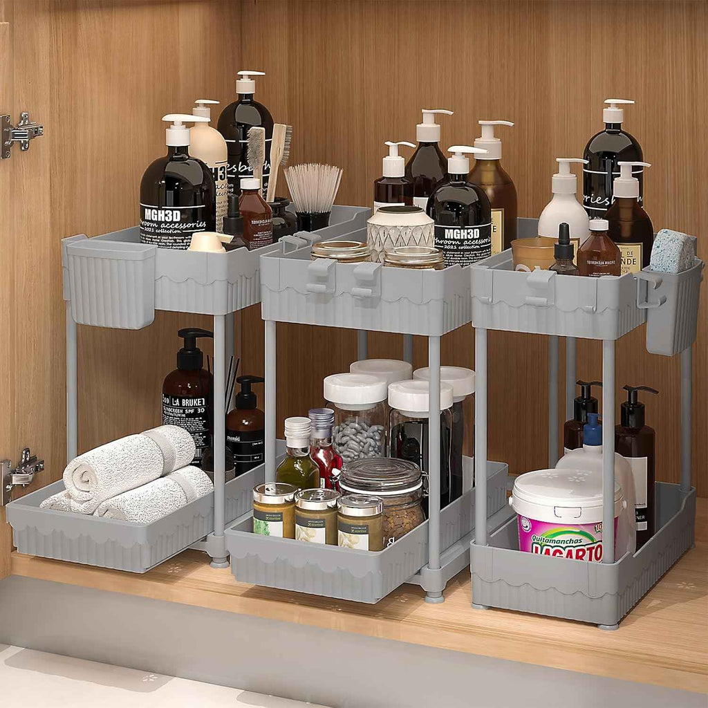 3 Pack Under Sink Organizers, 2-Tier Multi-Use Kitchen and Bathroom Organizers and Storage with Sliding Drawers，Bathroom Cabinet Organizer (Black, 12.8 Inch)
