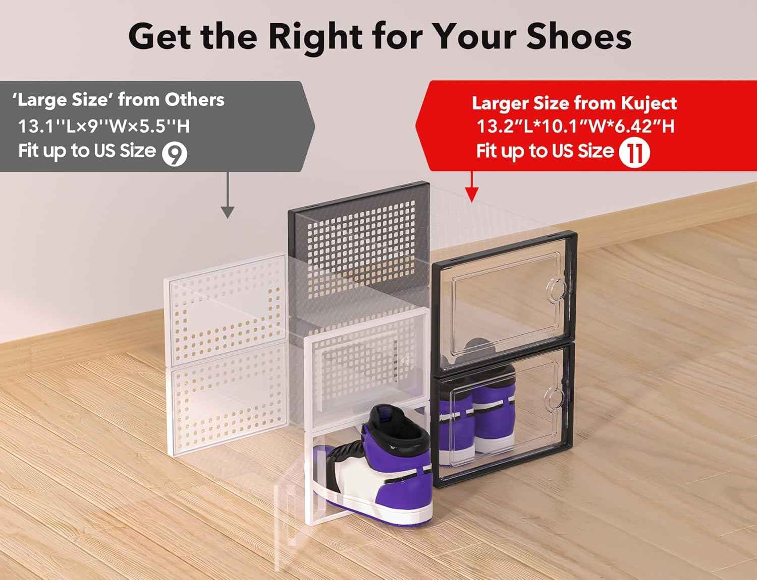 Kuject X-Large Clear Plastic Shoe Storage Boxes, Stackable 12 Pack, Black