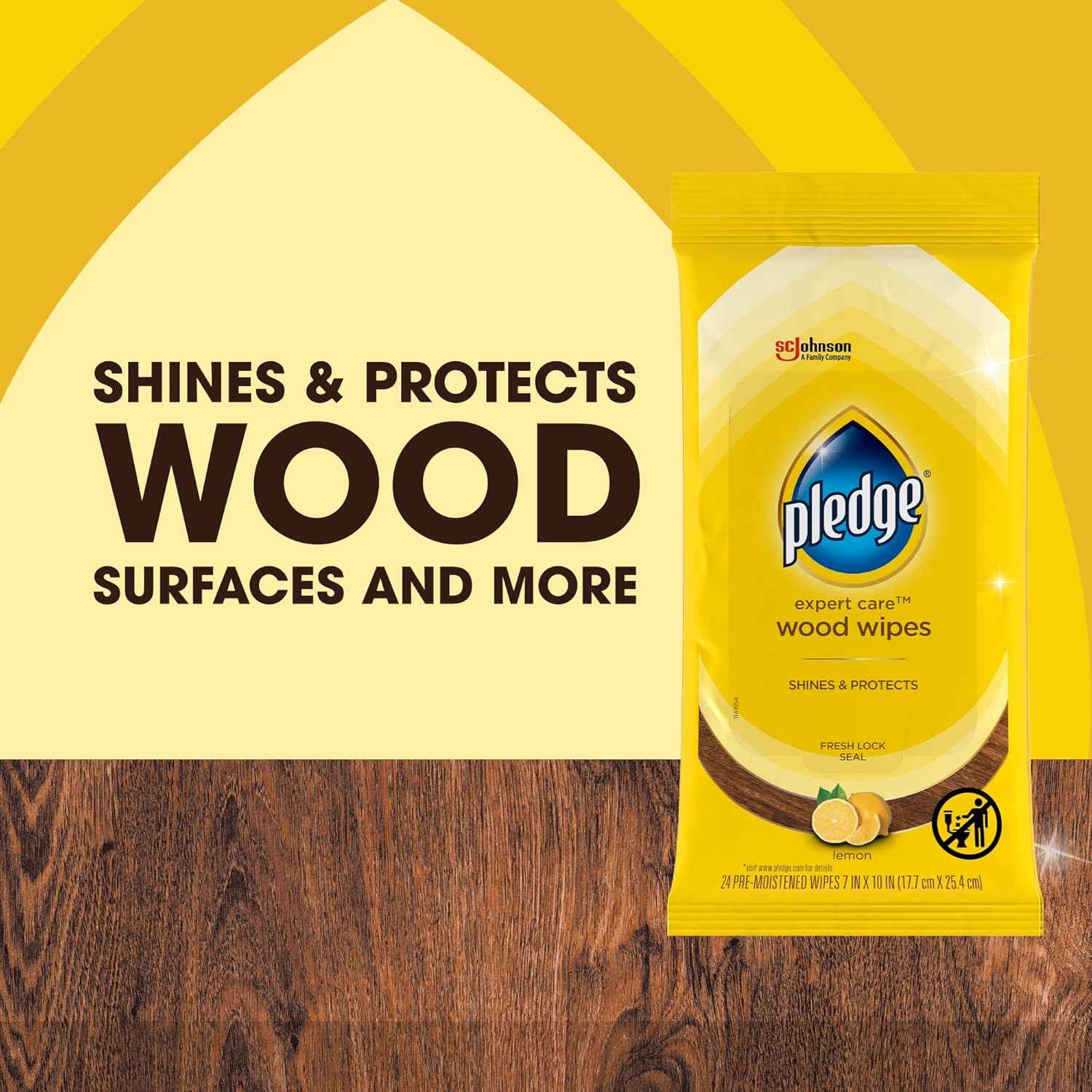 Pledge expert care wood wipes in lemon scent, 24 count for convenient wood surface cleaning and polishing