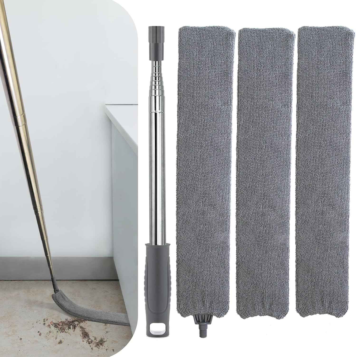 Retractable Gap Dust Cleaner with Extension Pole and 3 Microfiber Dusting Cloths for Cleaning Under Refrigerator, Furniture, and Appliances