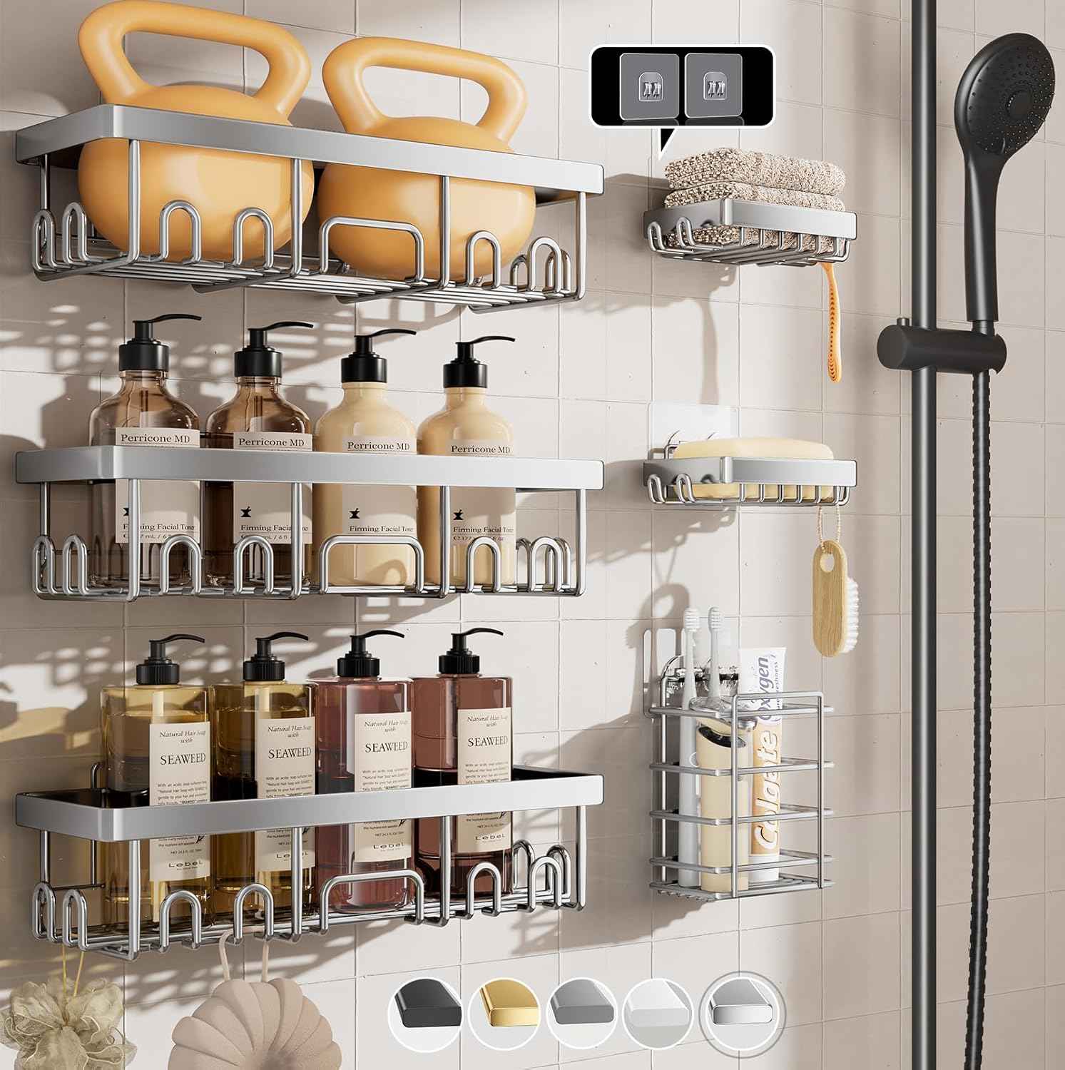 Veken Shower Caddy 6-Pack, Advanced Rustproof Design, No Drilling Adhesive Shelves, Rack with Soap Holder, Large Capacity Bathroom Organizers and Storage, Wall-Mounted Kitchen & Home Decor