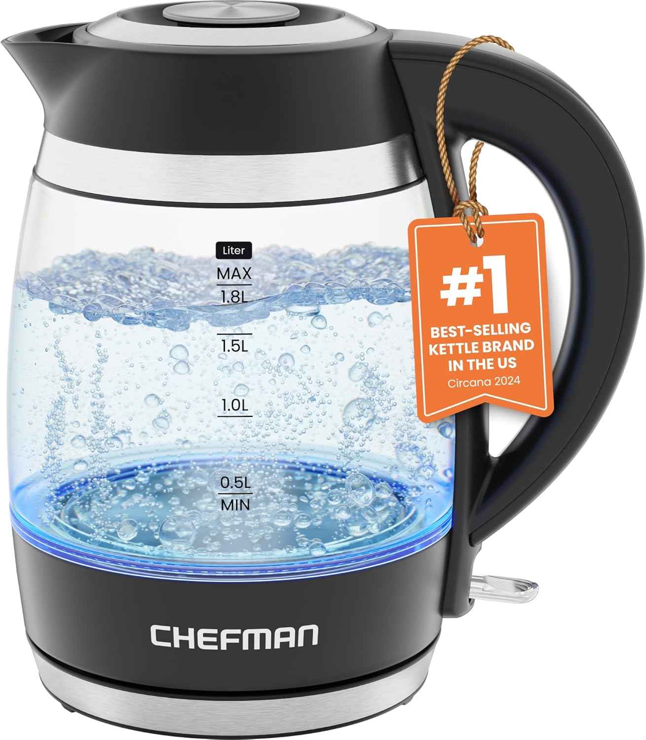 Chefman 1.8L 1500W Electric Kettle with Stainless Steel Filter and Borosilicate Glass